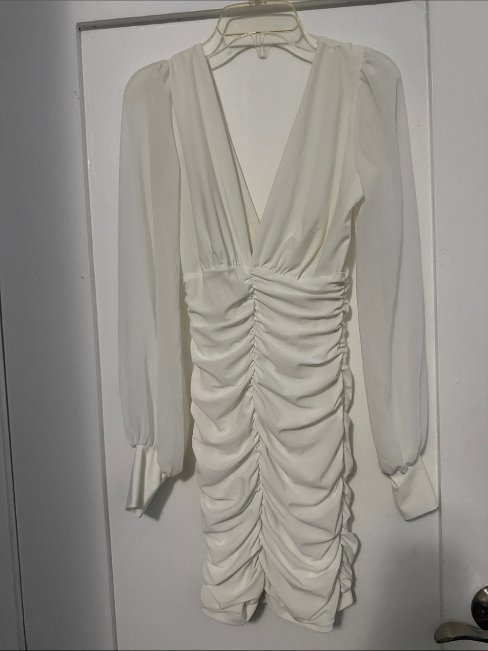 Windsor Elegant White Ruched Long-Sleeve V-Neck Dress